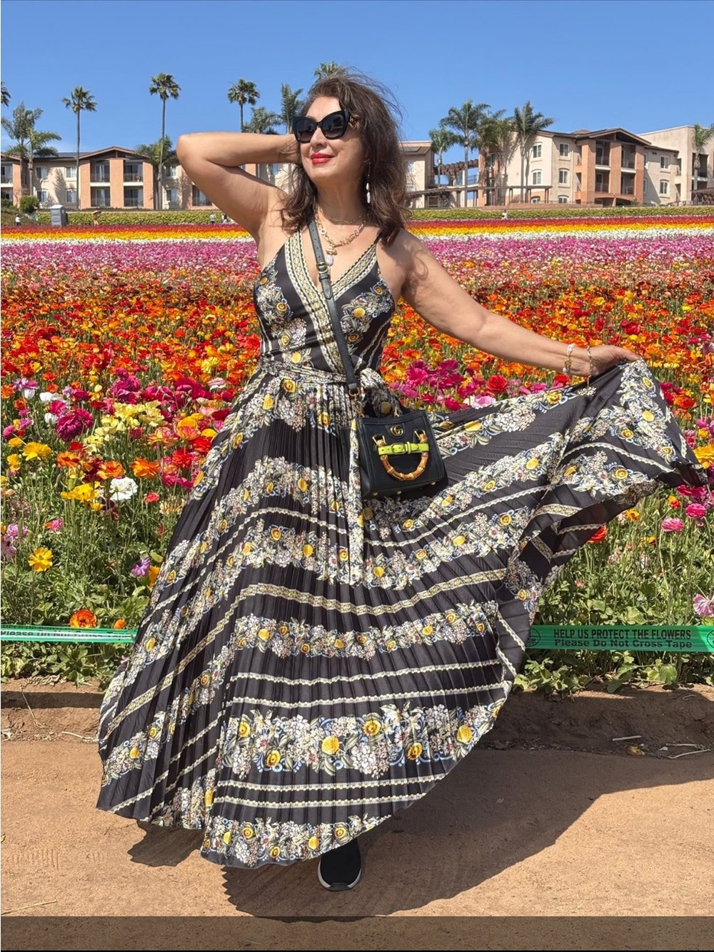 White House Black Market Black Floral V-Neck Pleated Maxi Dress